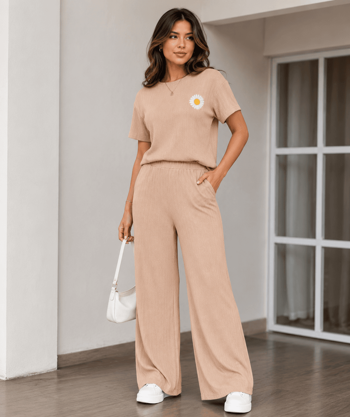 Conjunto Casual Femenino Premium de Dos Piezas – Blusa Manga Corta y Pantalón Palazzo