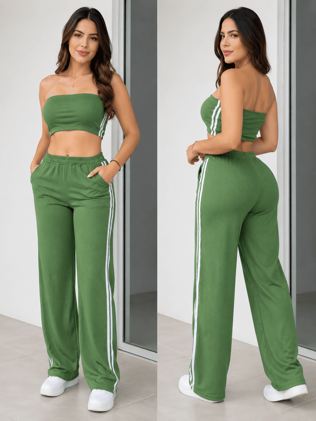 Conjunto Glam Sport Femenino – Top Strapless y Pantalón Palazzo